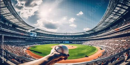 Photo of a hand holding a baseball in a stadium photo