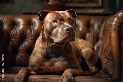 American Pit Bull Terrier dog lying on a couch looking away photo