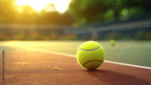 Tennis ball on tennis court. the concept of a sporty lifestyle. © KhWutthiphong