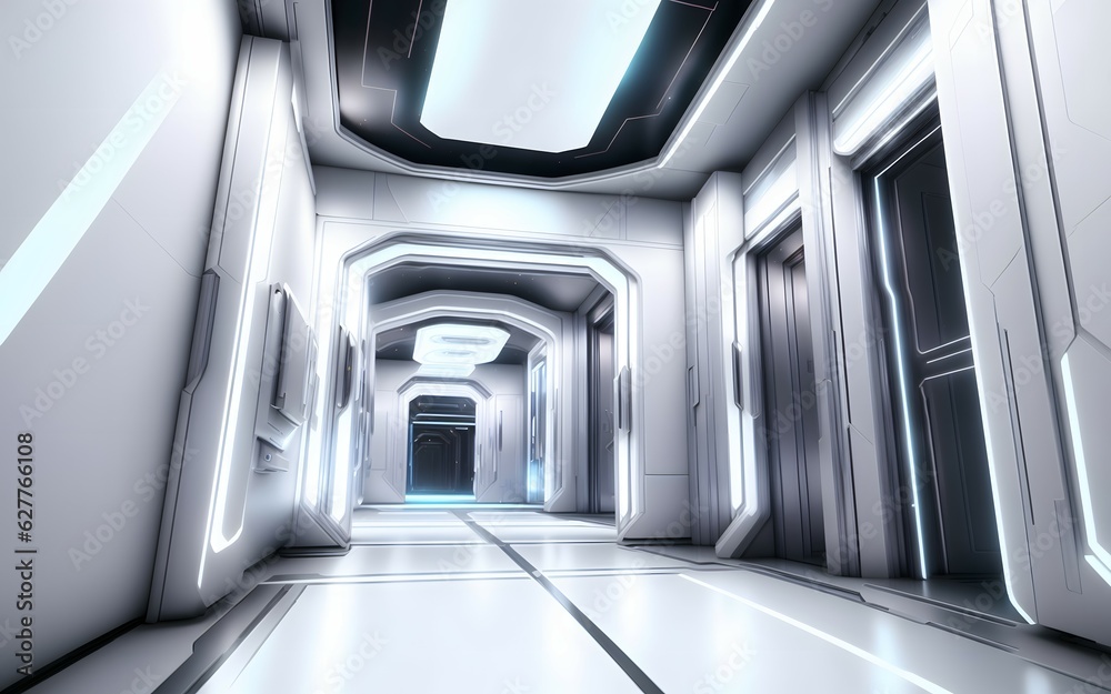 Modern futuristic interior, space station corridor, generative ai Modern futuristic interior, space station corridor, generative ai