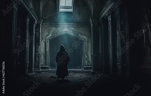 Spooky dark hooded figure walks along an abandoned hall
