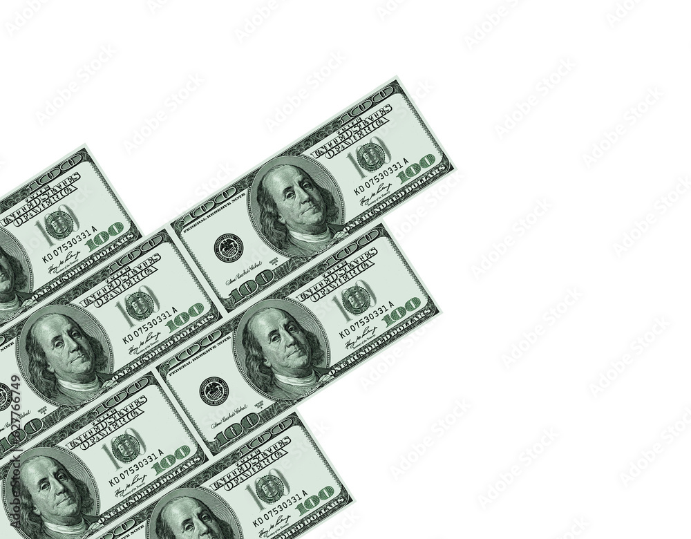 US hundred dollar bills arranged diagonally on a white background.