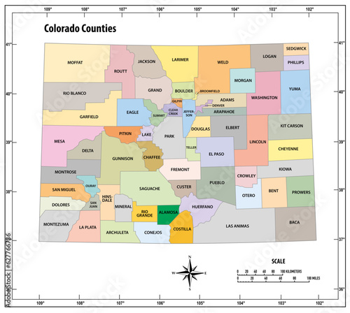 Colorado state outline administrative and political vector map in color