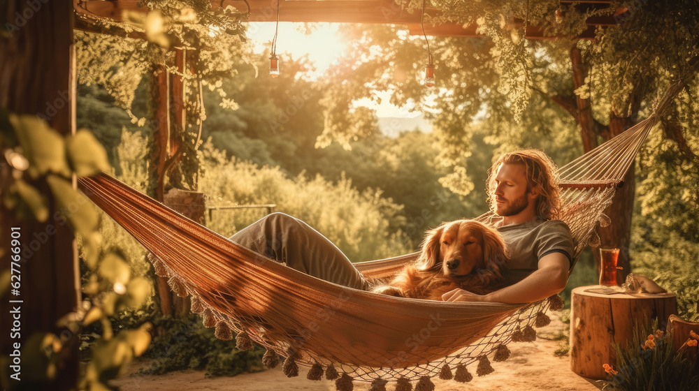 Person sleeping with his dog in a hammock in beautiful summer scene