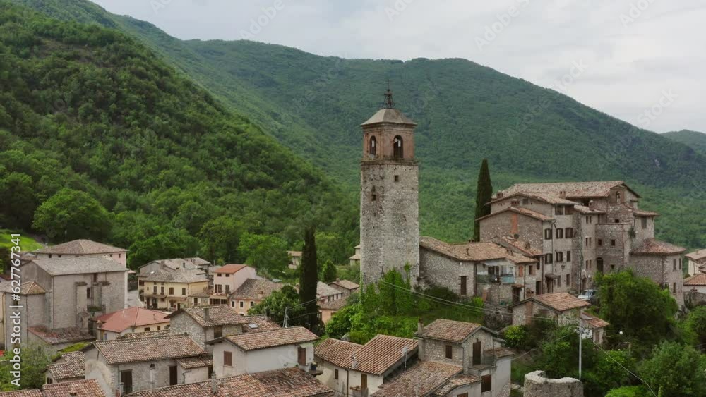 Aerial view of Greccio , small village in the mountains in Rieti Italy Aerial view of Greccio , small village in the mountains in Rieti Italy