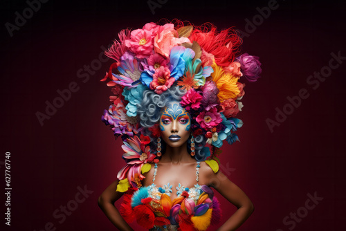 Beautiful stylish woman in carnival party costume on dark background. Dancing street festival concept photo
