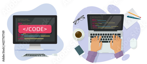 Code programming on computer laptop screen vector icon flat graphic illustration, developer person man typing program software script on table working desk, cartoon coder programmer image clipart