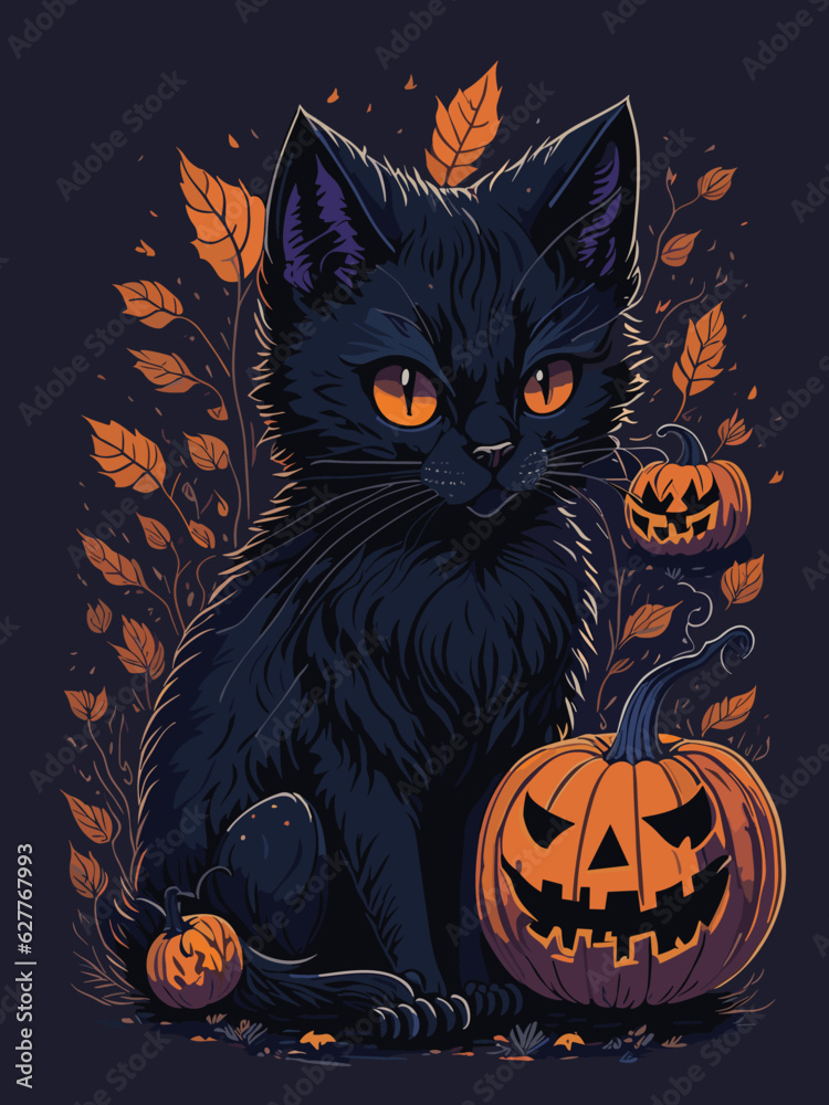 black cat wearing witch hat vector illustration image.