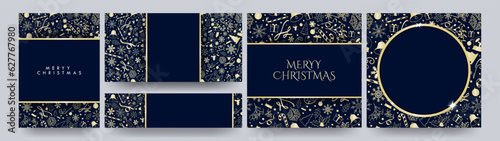 Set of Gold and Blue Christmas Card Poster Templates, greeting cards, poster, banner layouts. Golden Decorative Christmas design templates. Luxurious xmas mock ups. Editable vector Illustration. photo