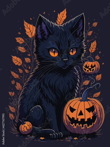 black cat wearing witch hat vector illustration image.