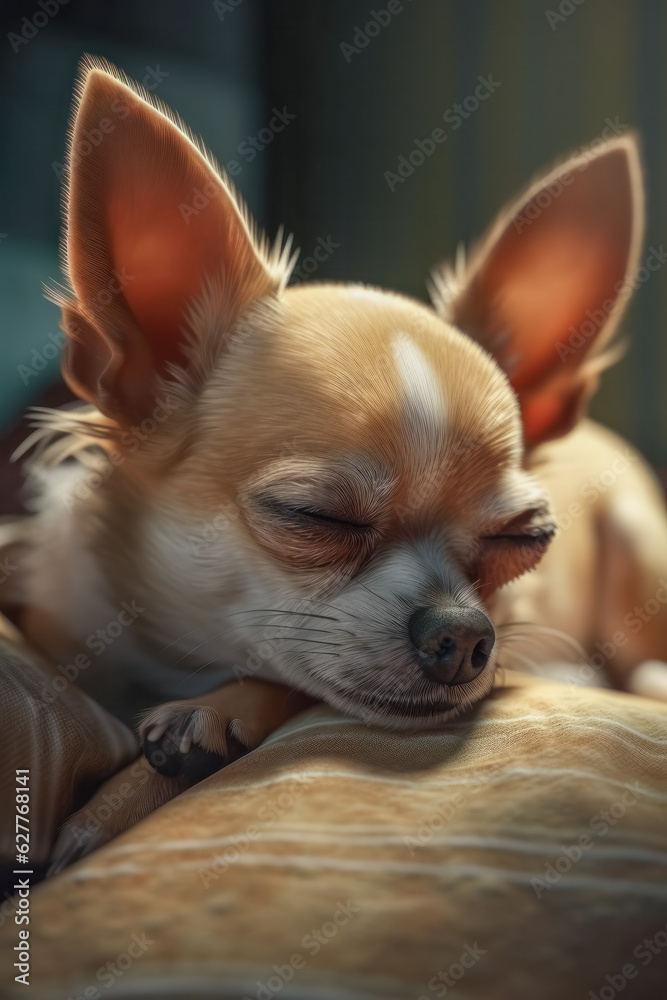 Chihuahua dog lying sleeping on couch with head down