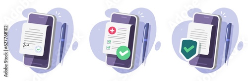 Contract document signature online digital 3d icon vector on mobile cell phone graphic, smartphone cellphone medical insurance certificate, cyber safety secure law legal claim form protect image