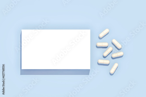 White Pills Box and capsule pills on blue background, Mock up,copy space . 3D Rendering