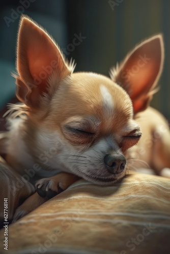Chihuahua dog lying sleeping on couch with head down © Atomic Baker Design