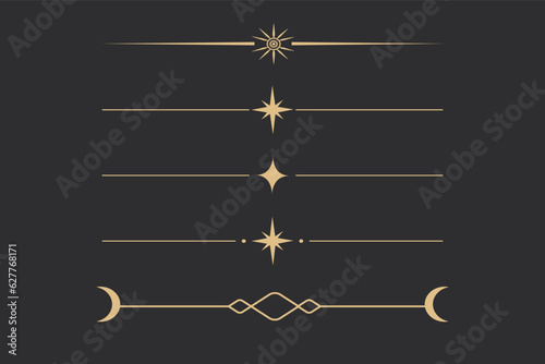 Celestistial border, esoteric dovider line art with sparkles, stars and moon gold colored isolated on dark background.