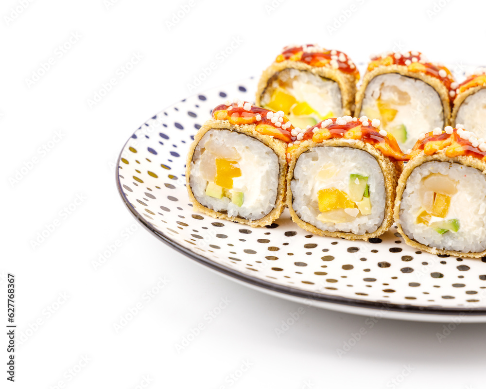 avocado pear and mango rolls on white background for food delivery restaurant menu
