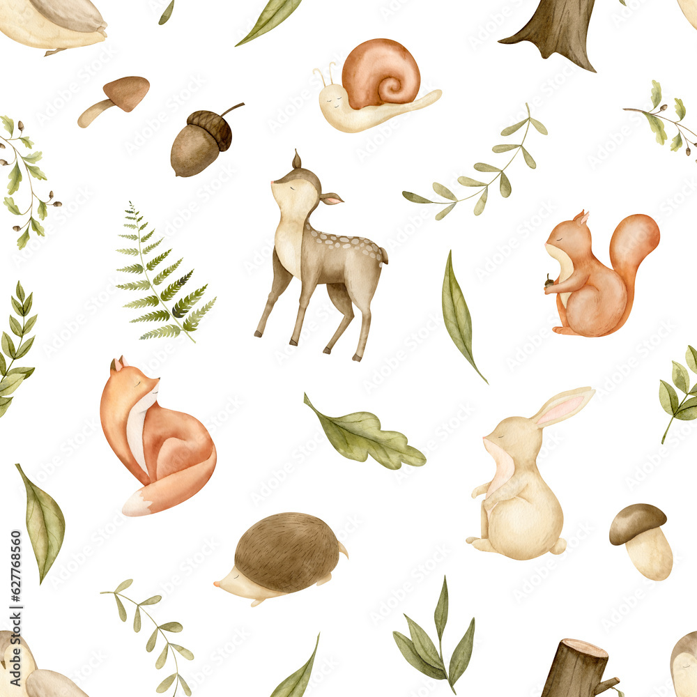 Pattern with woodland Animals and forest plants. Hand drawn Seamless watercolor background on white isolated backdrop. Baby ornament for childish textile design or kid wrapping paper. Cute characters. Pattern with woodland Animals and forest plants. Hand drawn Seamless watercolor background on white isolated backdrop. Baby ornament for childish textile design or kid wrapping paper. Cute characters.