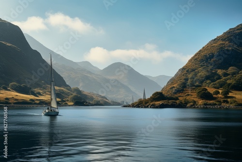 Picturesque Coastal Inlet with Sailboats Gliding on Calm Waters, Generative AI