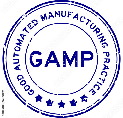 Grunge blue GAMP Good Automated Manufacturing Practice word round rubber seal stamp on white background