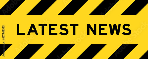 Yellow and black color with line striped label banner with word latest news