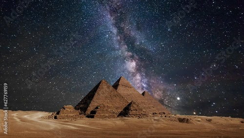 Timelapse of Pyramid complex of Giza at night. Giza, Cairo, Egypt photo