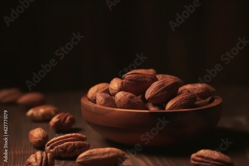 Pecans in a bowl on wooden background, healthy foods concept generative ai