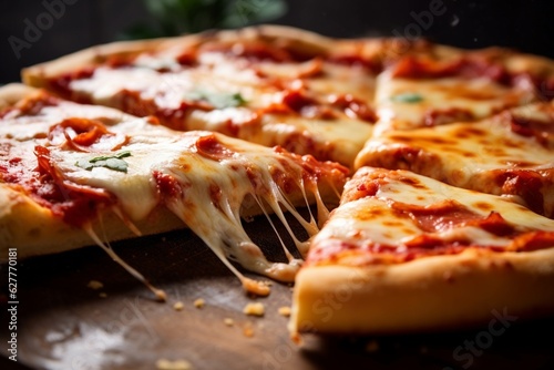 Pizza with mozzarella cheese and tomato sauce on wooden board