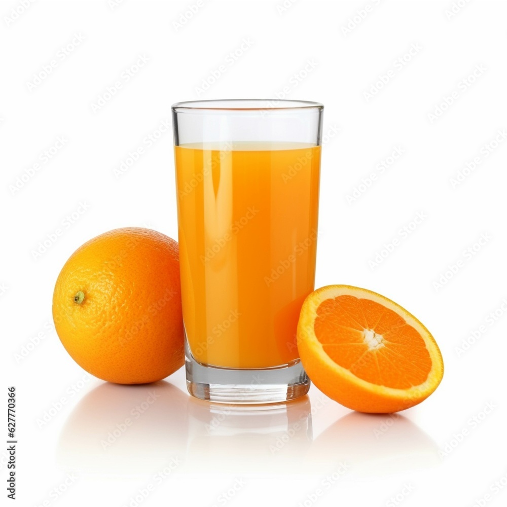 Glass of orange juice with fresh fruits isolated on white background. 3d illustration Glass of orange juice with fresh fruits isolated on white background. 3d illustration
