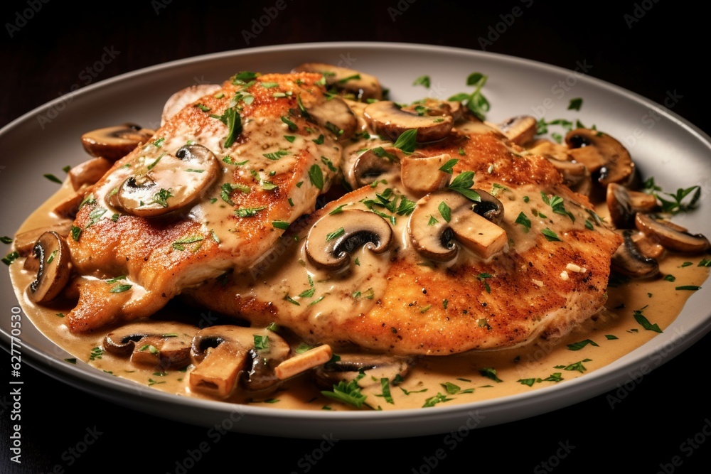 Roasted chicken fillet with champignon mushrooms and parsley Roasted chicken fillet with champignon mushrooms and parsley