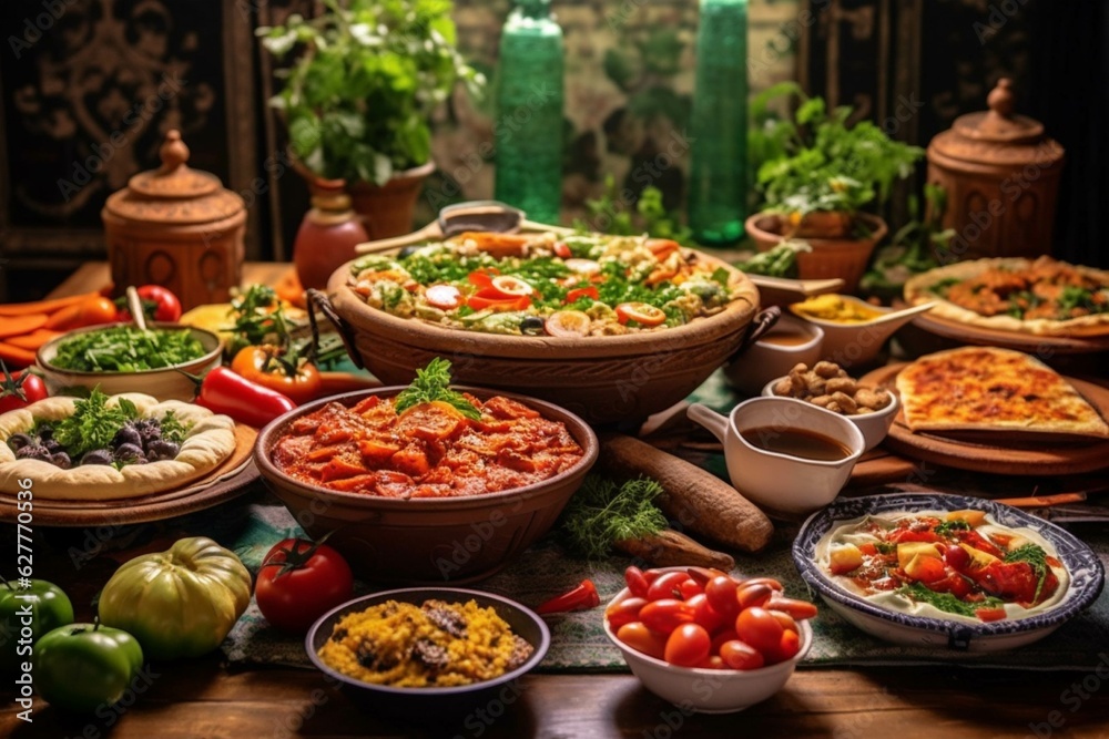 Mexican food in clay pots on rustic wooden table with ingredients