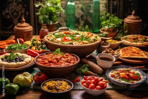 Mexican food in clay pots on rustic wooden table with ingredients