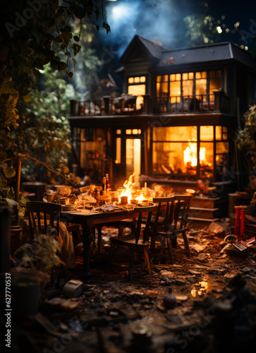 Cottage house with the dining table in front of it on the lawn filled with litter. Fire broke out on the table and inside the house. Generative AI. © Vadim