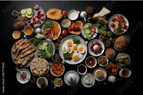 Rich and delicious breakfast on a dark background. Top view, flat lay