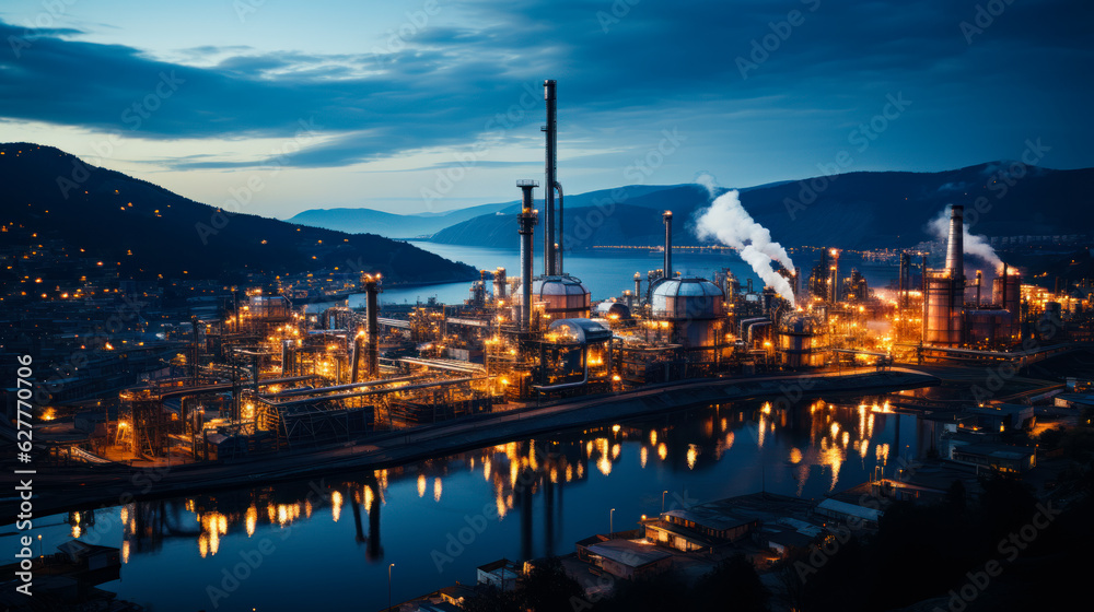Fototapeta premium Industrial plant full of lights in the evening. Factory built on the river among the mountains. Generative AI.