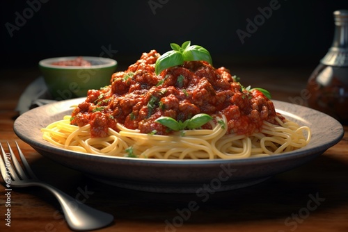 Spaghetti bolognese with tomato sauce, basil and parmesan