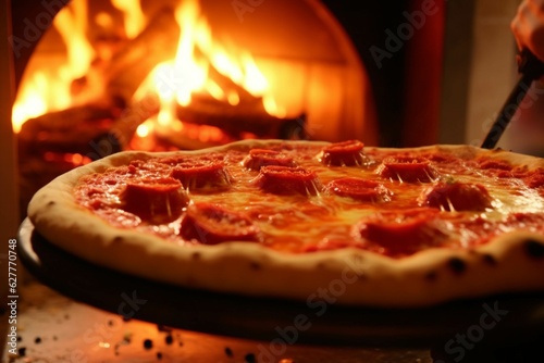 Hot pizza in the oven on a wooden board. Fire in the background.