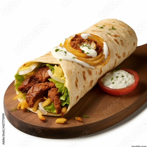 Tortilla wrap with grilled meat and vegetables isolated on white background
