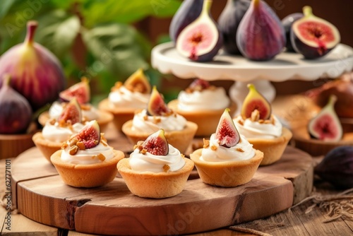 Tartlets with figs and cream cheese on a wooden table