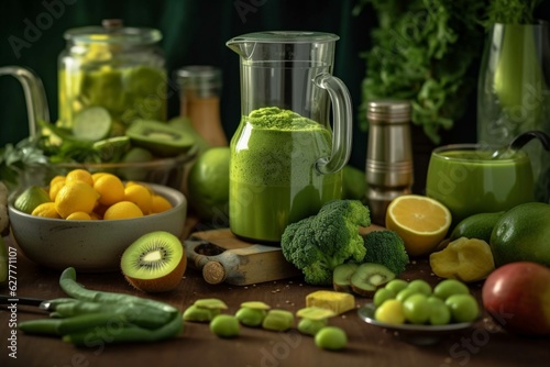 Green smoothie ingredients on wooden table. Detox diet concept.
