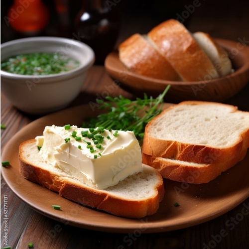 Bread with butter and chives on a wooden table. Selective focus