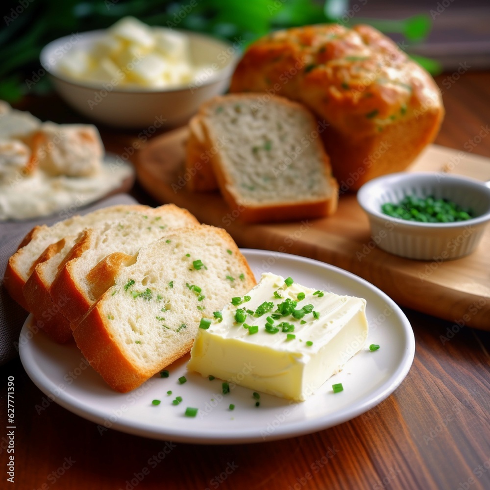 Bread with butter and chives on a wooden table, food closeup