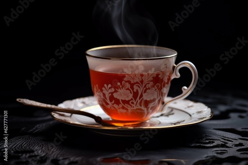 Cup of tea with saucer on a black background with smoke