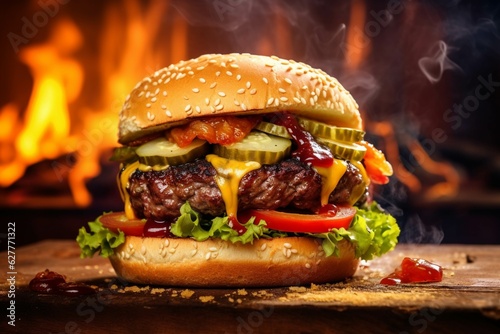 Two big tasty cheeseburgers on a wooden board on a background of fire