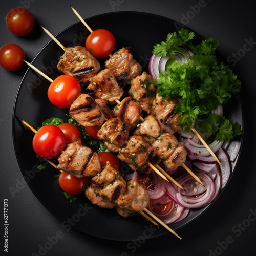 Grilled shish kebab on barbecue grill with flames on background