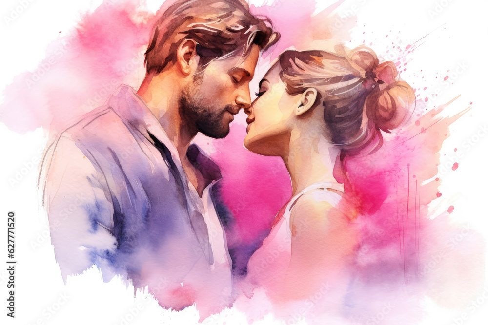 Watercolor illustration Couple in love, Man and woman embracing each other affectionately