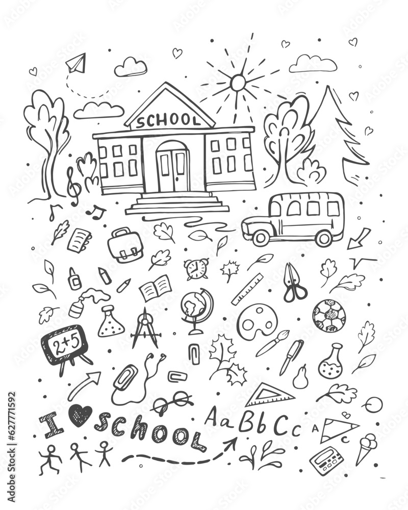 School. Vector doolde set. Education concept. Doodle elements connected with school.
