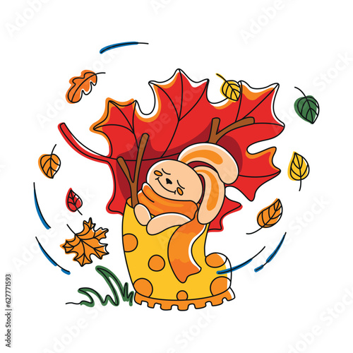 Cute bunny hid from the rain under a large leaf. Vector.