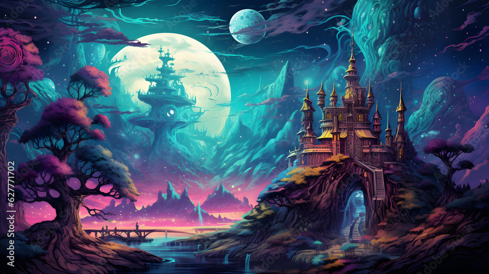 Naklejka premium Illuminated 3d fantasy fairytale dreamland, future, science, surreal, moon, city, ghost, dark 