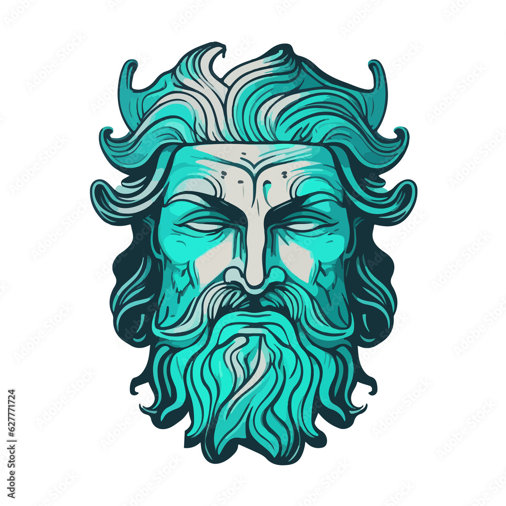 Ancient Greek icon Poseidon isolated head of the mythological man, evoking Atlantis and water mythology Ancient Greek icon Poseidon isolated head of the mythological man, evoking Atlantis and water mythology