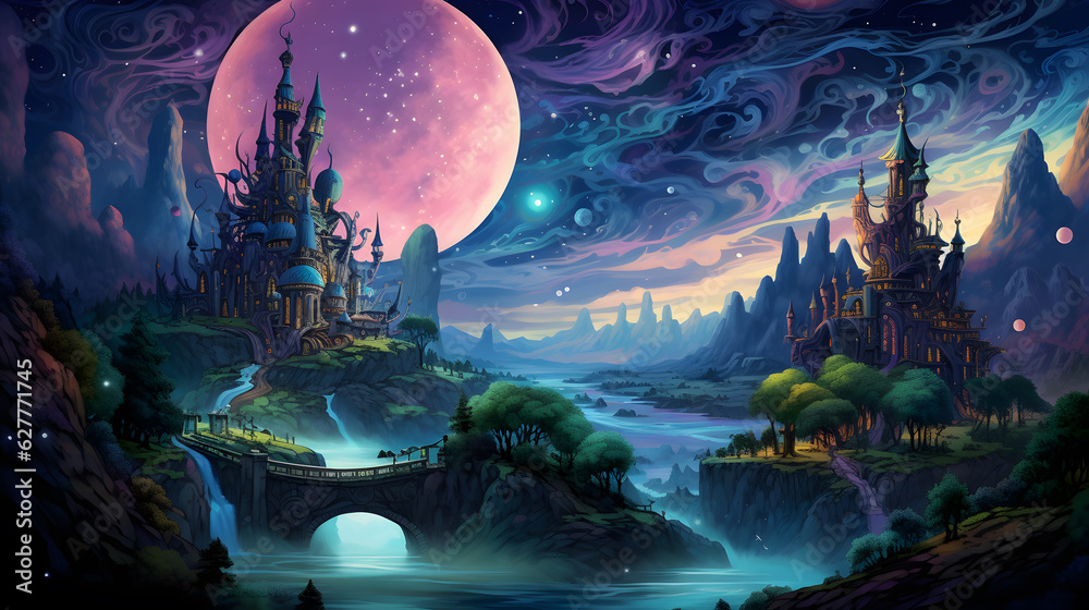 Illuminated 3d fantasy fairytale dreamland, future, science, surreal, moon, city, ghost, dark 